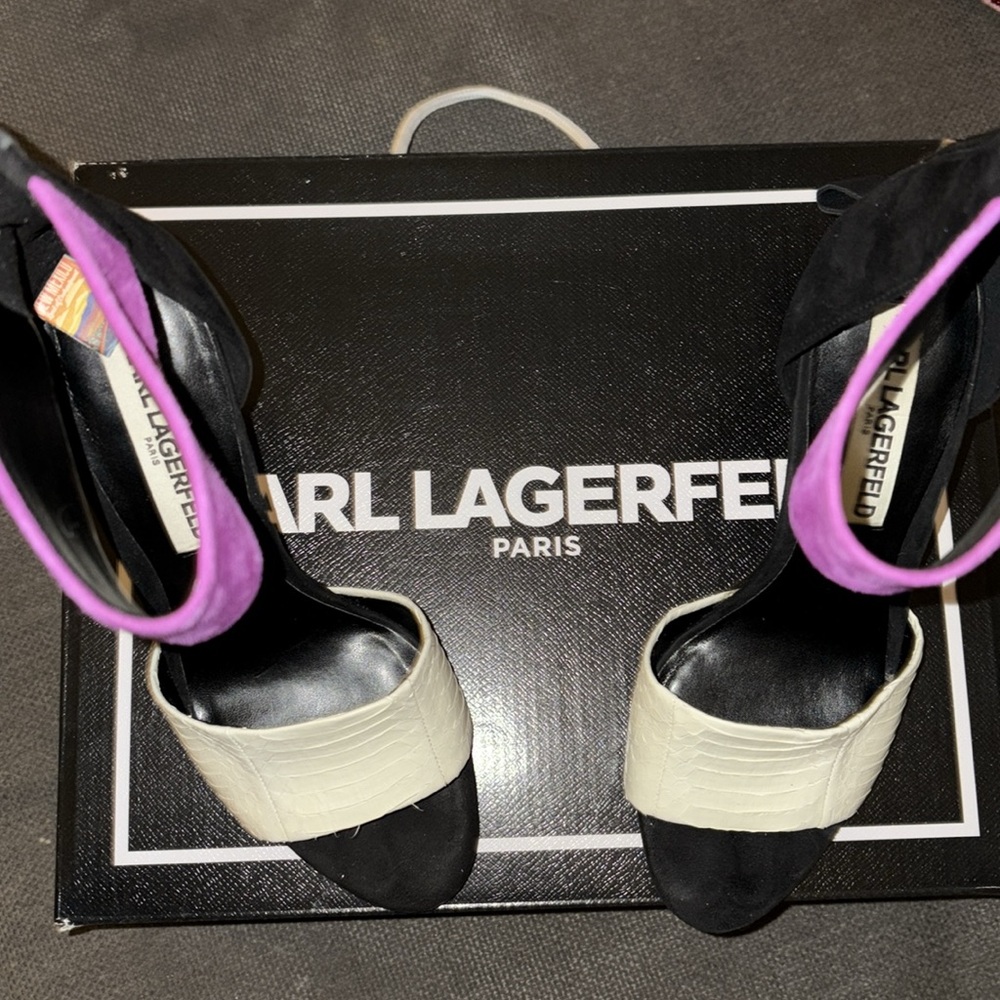 In Box Karl Lagerfeld Black and Purple  Leather suede stilettos 8.5 Like New!